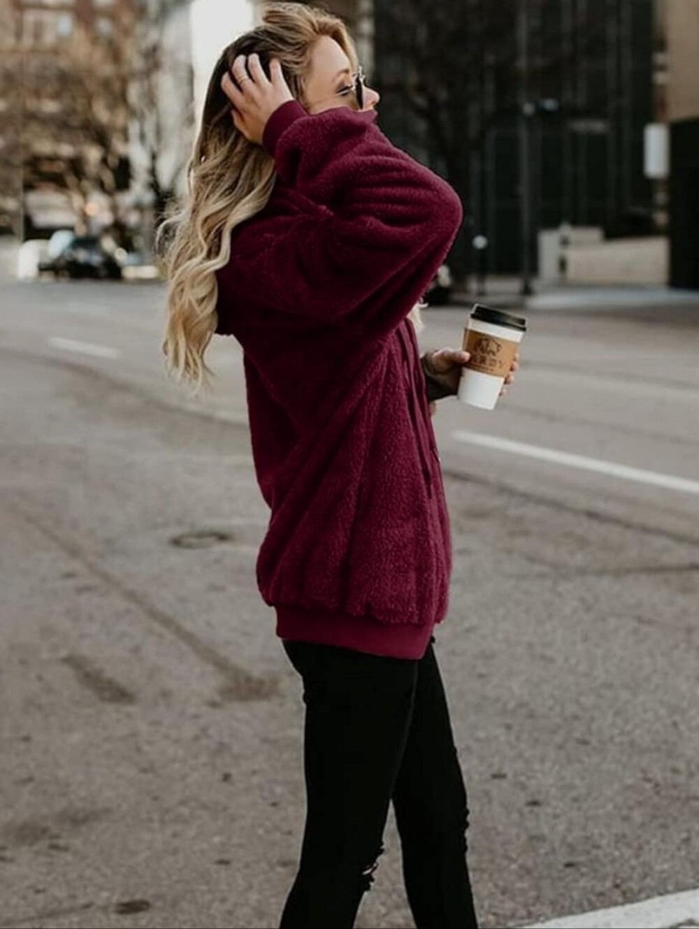 Sherpa Plush Half Zip Hooded Sweatshirt